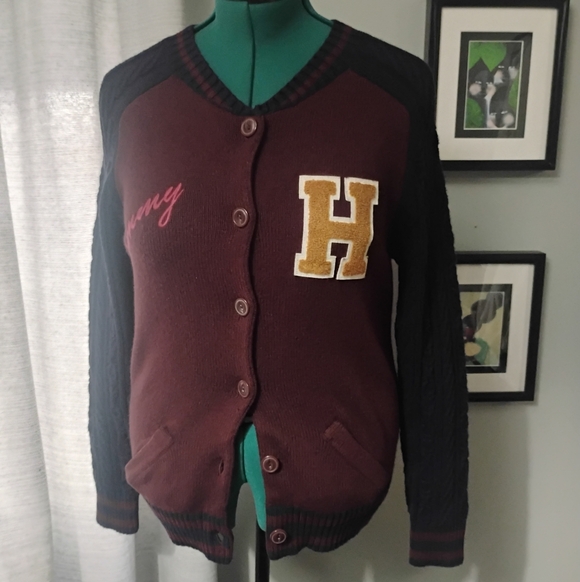 Tommy Hilfiger Burgundy & Navy Varsity Cardigan w Cable Knit Sleeves Sz L NWOT - Picture 2 of 13